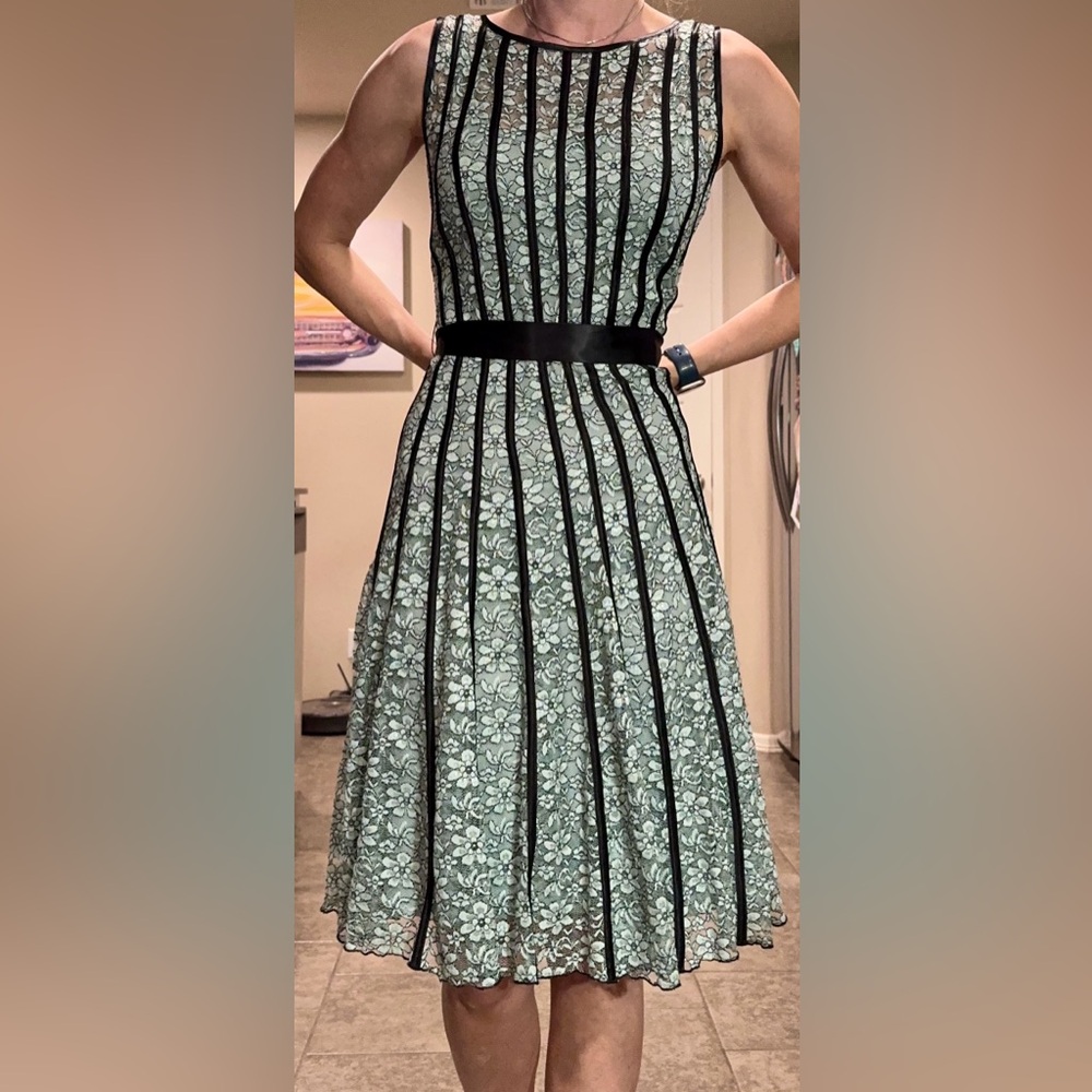 Vintage Lace Teal Green Black Midi Dress Satin Ribbon Bow 6 SLNY